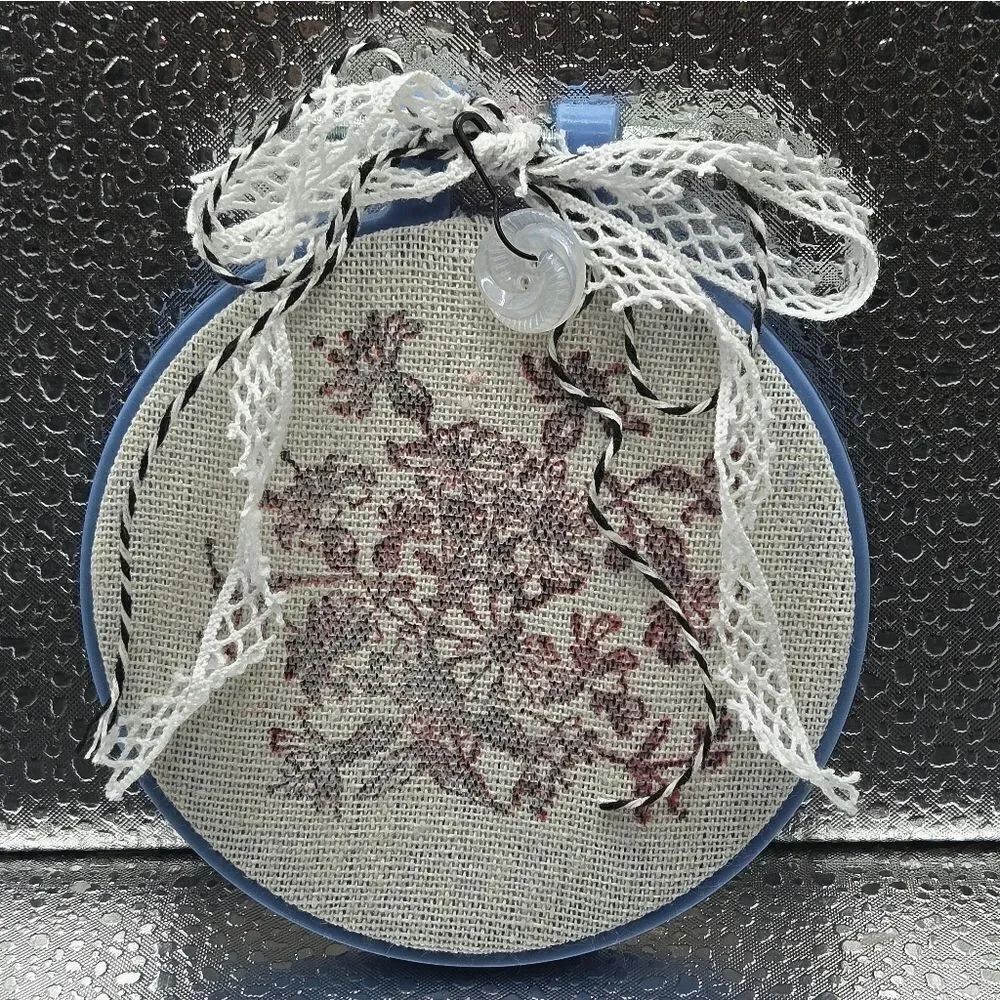 "5/$40" Small Baby Blue Embroidery Hoop Red Floral Muslem Lace Wall Art